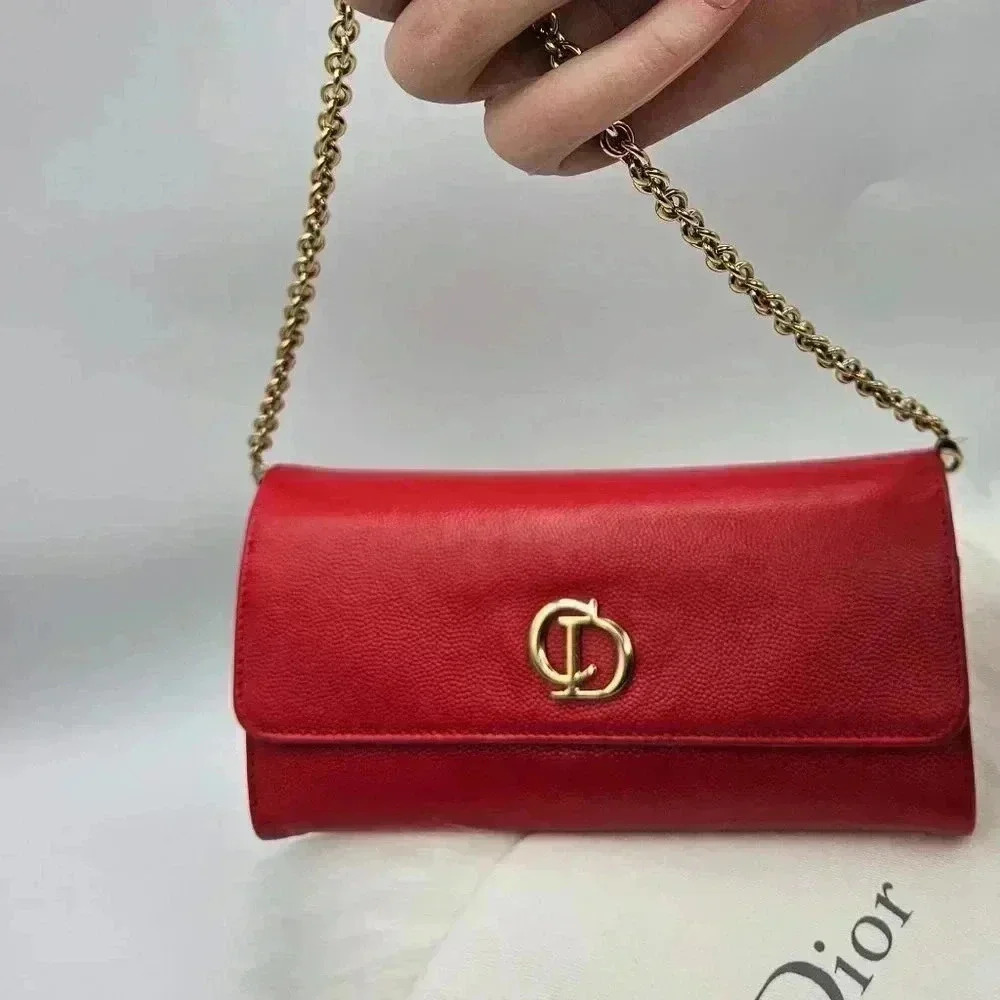 Dior  Textured Red Grained Leather Wallet-on-Chain